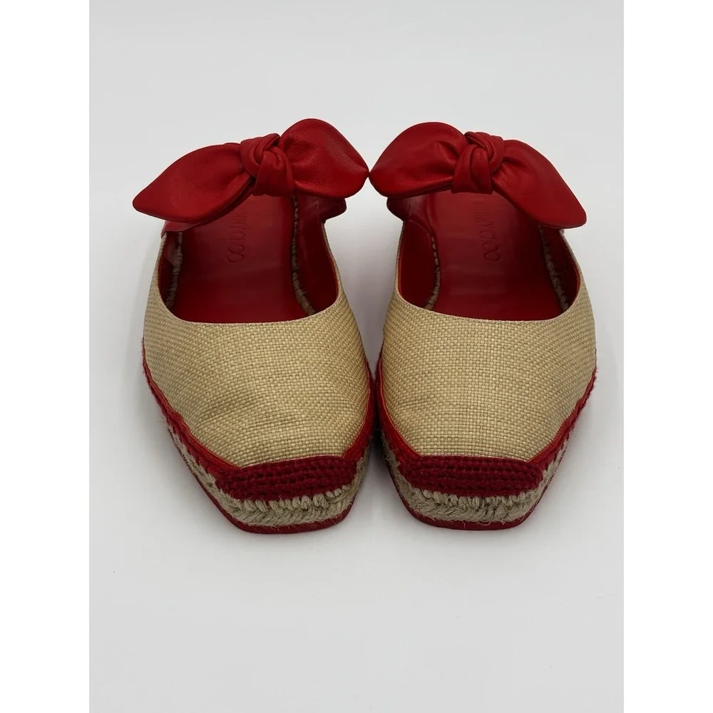Jimmy Choo Reka Red Leather Bow and Raffia espadrille Slides EU 37 Made In Spain